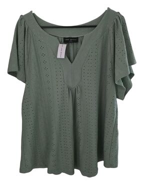 Lane Bryant Eyelet V Neck Top Moss Green Short Flutter Sleeves
